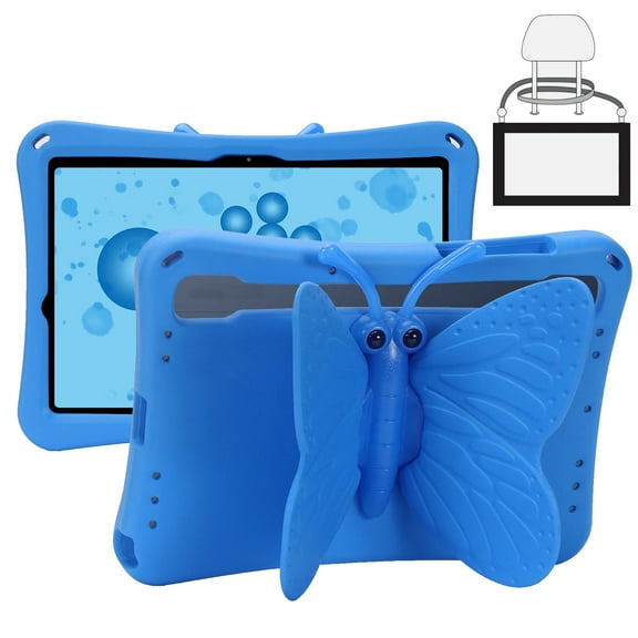 ShieldPlus Kids Case for Samsung Galaxy Tab A9 Plus / Tab S9 / Tab S8 / Tab S7 11 Inch / Tab S9 FE 10.9", Cute Butterfly Shockproof EVA Foam Super Protection Stand Cover with Shoulder Strap,Blue