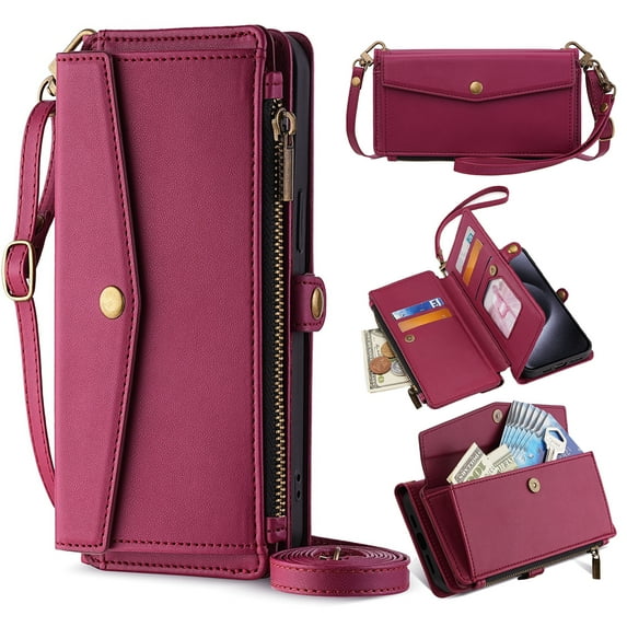 ShieldPlus for Motorola Moto G Play 2024 Case, Magnetic Flip RFID Blocking PU Leather for Moto G Play 4G (2024) Wallet Case for Women Men with Credit Card Holder Zipper Pocket,Red