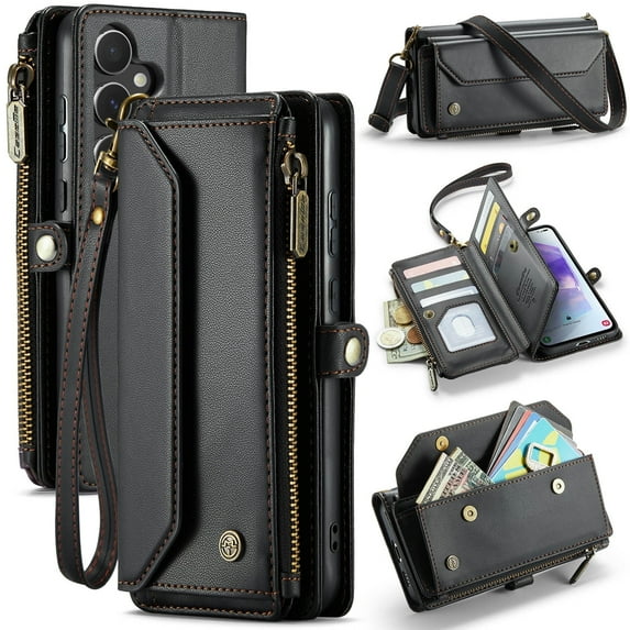 ShieldPlus for Samsung Galaxy A14 5G Case, RFID Blocking Galaxy A14 5G Wallet Case Crossbody for Women Men,Luxury PU Leather Magnetic Flip Zipper Strap Phone Case for Galaxy A14 5G,Black