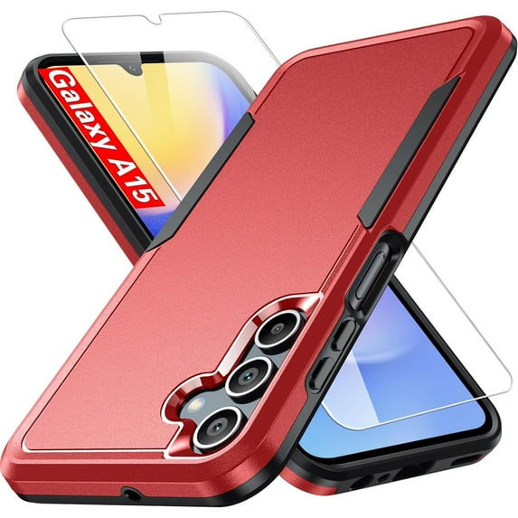 ShieldPlus for Samsung Galaxy A15 5G Case, Full Body Heavy Duty Rugged Shockproof Protective Phone Cover with Tempered Glass Screen Protector,Red+Black