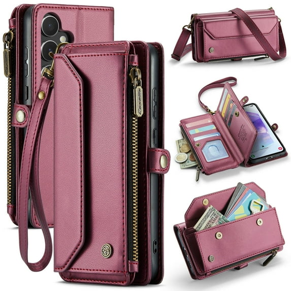 ShieldPlus for Samsung Galaxy A23 Case, RFID Blocking Galaxy A23 Wallet Case Crossbody for Women Men,Luxury PU Leather Magnetic Flip Zipper Strap Phone Case for Galaxy A23 5G,Winered