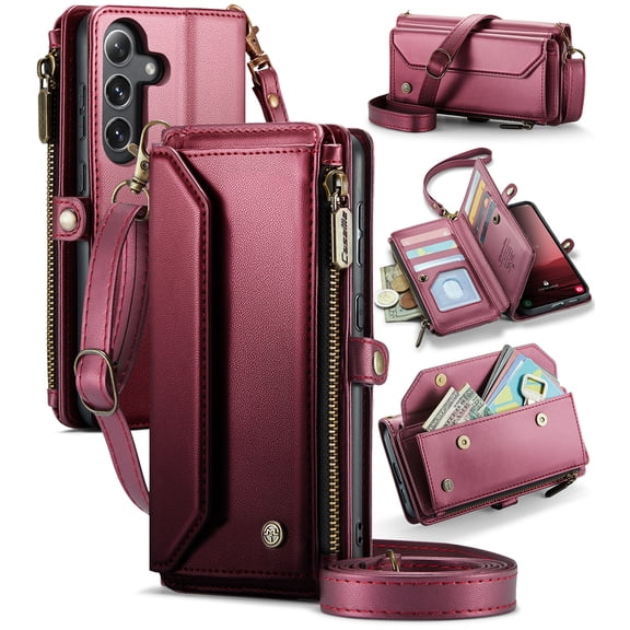 ShieldPlus for Samsung Galaxy S24 FE Wallet Case with 10 Card Slots Zipper Pocket,PU Leather Magnetic Flip Folio Wristlet Shoulder Strap S24 FE 5G Phone Case Wallet for Women Men,Winered