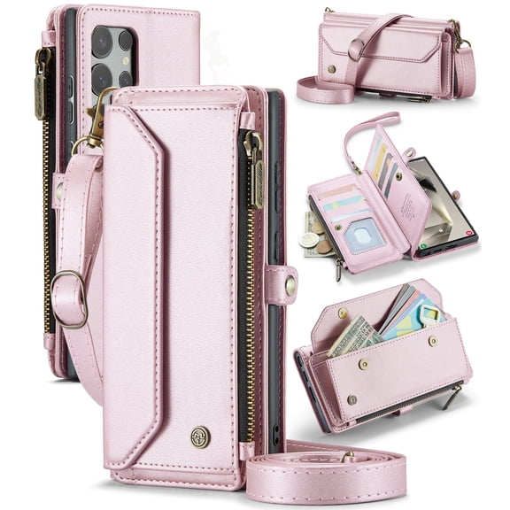 CaseMe for Samsung Galaxy S24 Ultra Wallet Case with 10 Card Slots Zipper Pocket,PU Leather Magnetic Flip Folio Wristlet Shoulder Strap S24 Ultra 5G Phone Case Wallet for Women Men,Pink