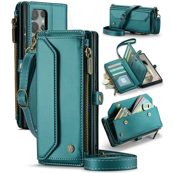 ShieldPlus for Samsung Galaxy S25 Ultra Wallet Case with 10 Card Slots Zipper Pocket,PU Leather Magnetic Flip Folio Wristlet Shoulder Strap S25 Ultra 5G Phone Case Wallet for Women Men,Green