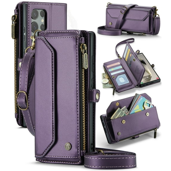 ShieldPlus for Samsung Galaxy S25 Ultra Wallet Case with 10 Card Slots Zipper Pocket,PU Leather Magnetic Flip Folio Wristlet Shoulder Strap S25 Ultra 5G Phone Case Wallet for Women Men,Purple