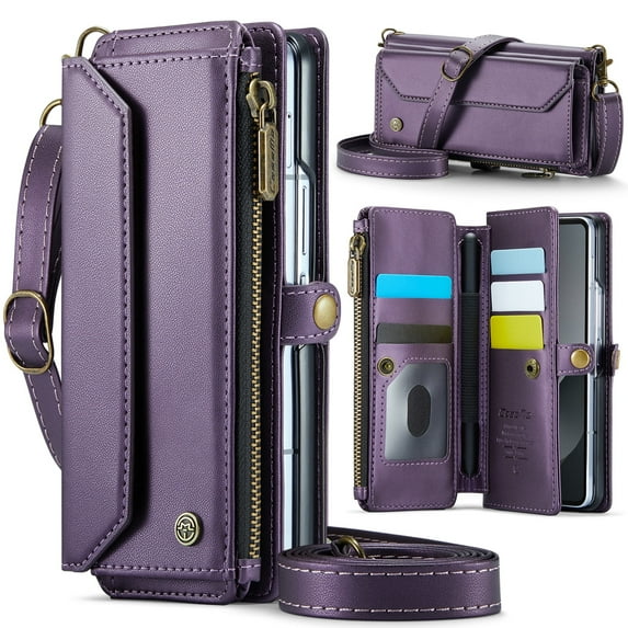 ShieldPlus for Samsung Galaxy Z Fold 3 Case with Stylus Pen, Women Men Multi-Function Wallet Case with Stand RFID Blocking Magnetic Closure Zipper S Pen Holder Shoulder Strap Wrist Strap,Purple