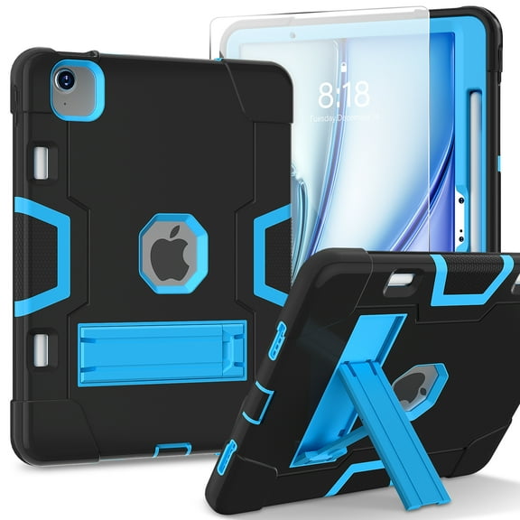ShieldPlus for iPad Air 11 Inch M2 (2024) Case with Tempered Glass Screen Protector, Heavy Duty Shockproof Rugged Protective Cover for iPad Air 11 2024,Black Blue