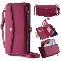 ShieldPlus for iPhone 14 Pro Case,RFID Blocking for iPhone 14 Pro Wallet Case for Women Men with Credit Card Holder,Zipper Pocket Magnetic Flip PU Leather Protective Cover with Lanyard,Red