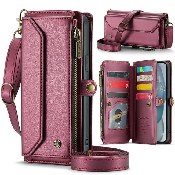 ShieldPlus for iPhone 16 Pro Case, RFID Blocking iPhone 16 Pro Wallet Case Crossbody for Women Men,Luxury PU Leather Magnetic Flip Zipper Strap Phone Case for iPhone 16 Pro,Winered
