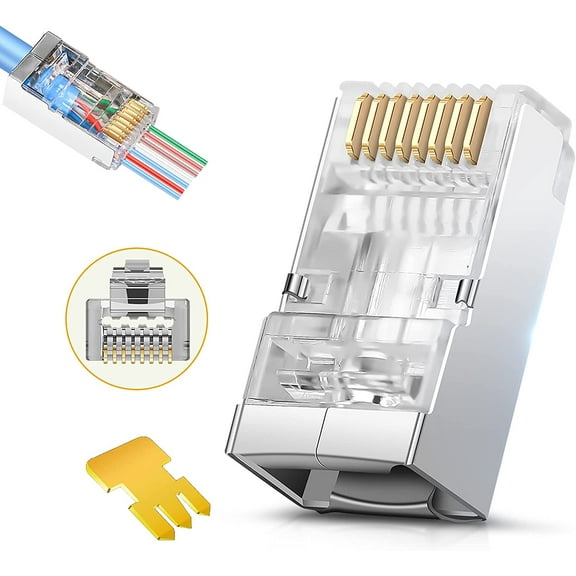 Shielded RJ45 Cat6 Cat 6A Connectors - Pass Through Connector Gold Plated 3 Prong 8P8C Modular Plugs for FTP/STP