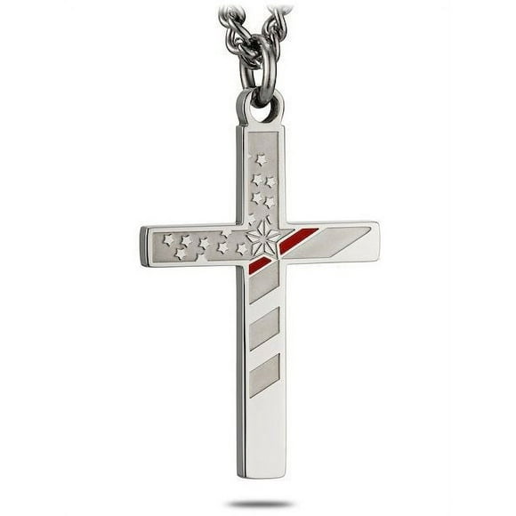 Men's Stainless Steel Firefighter Flag Cross with Thin Red Line Necklace Inscribed with Isaiah 6:8 Bible Verse - Christian Jewelry by Shields of Strength
