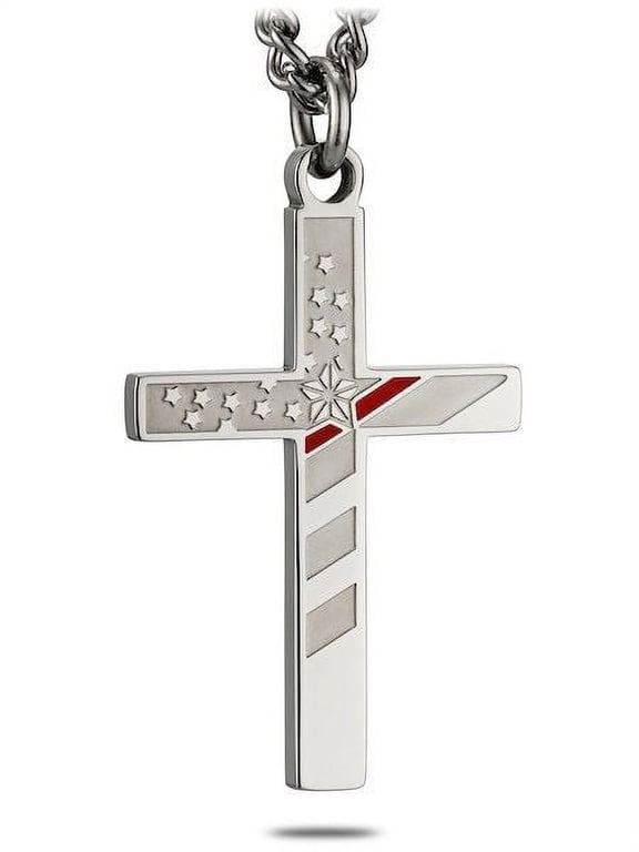 Men's Stainless Steel Firefighter Flag Cross with Thin Red Line Necklace Inscribed with Isaiah 6:8 Bible Verse - Christian Jewelry by Shields of Strength