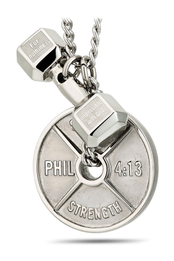 Men's Stainless Steel Weight Plate and Dumbbell Combo Pendant Necklace Inscribed with Bible Verse for Weightlifters - Christian Gifts by Shields of Strength