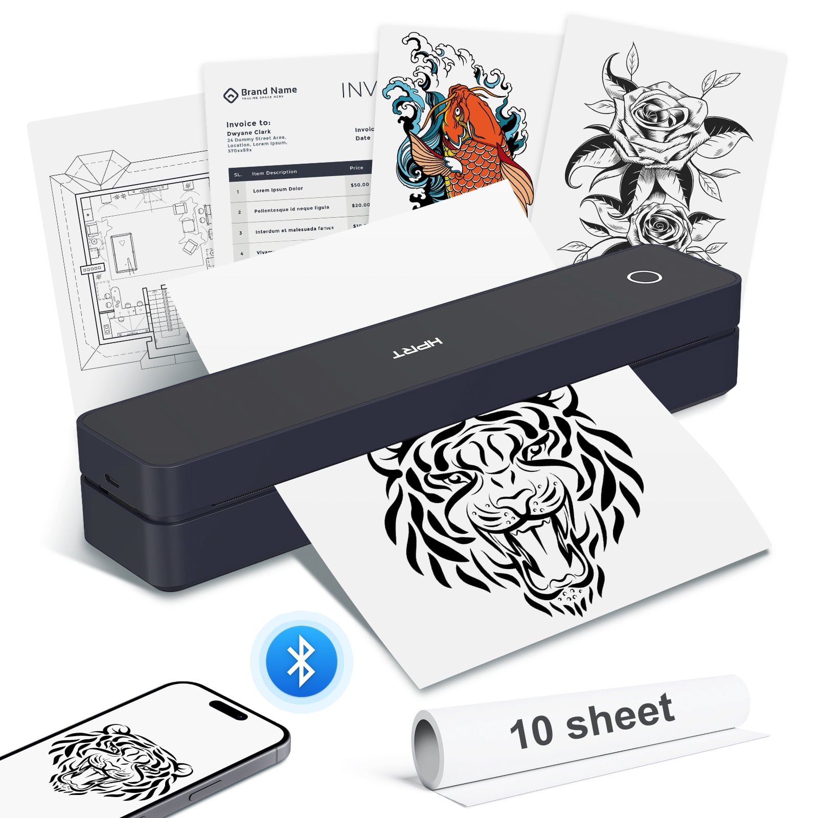 Shieny Tattoo Stencil Printer with 10pcs Transfer Paper, Thermal Printer ,107mm/210mm/216mm/ US Letter Thermal Paper for Tattoo Artists & Beginners, Compatible with Phone/Tablet/PC