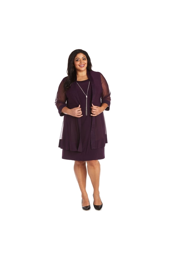 Shift Dress and Jacket Set with Textured Detail and Sheer Inserts - Plus