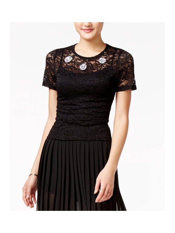 Juniors Embellished Lace Top Black S