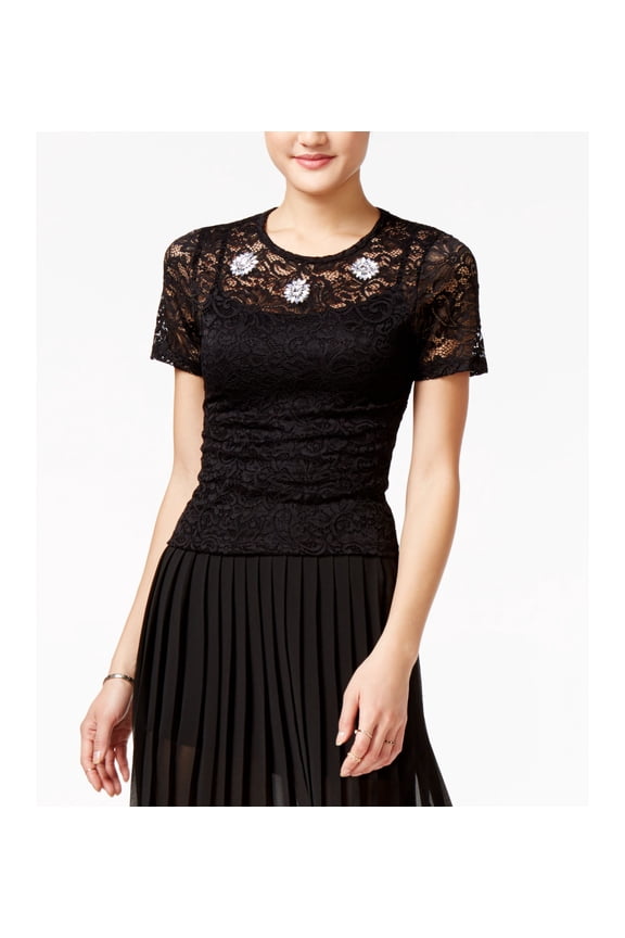 Juniors Embellished Lace Top Black S