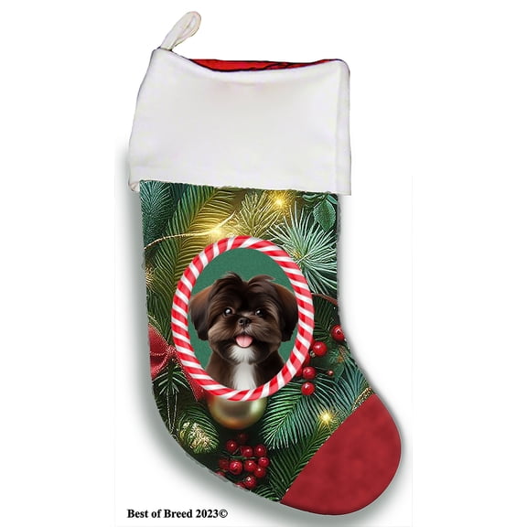 Shih Tzu Chocolate - Best of Breed Christmas Stocking 13.5" Red Gaming Cloth with Red Lining ,Plush White Cuff