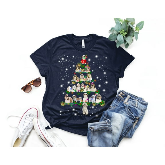 Shih Tzu Christmas Tree T-Shirt, Funny Dog Lover Gift, Shih Tzu Christmas Lights Shirts, Christmas Shirts for Women Men