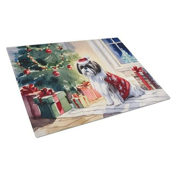 Shih Tzu Cozy Christmas Glass Cutting Board Large 12 in x 15 in