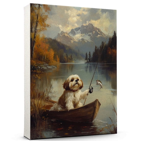 Shih Tzu Cute Dog Fishing Canvas Canvas Retro Shih Tzu Dog Batter in Action With Fishing for Themed Living Room, Pet Shop Decor