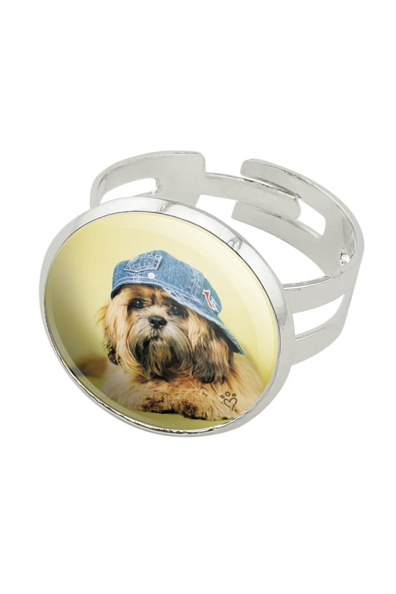 Shih Tzu Dog Baseball Cap Hat Silver Plated Adjustable Novelty Ring