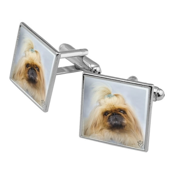 Shih Tzu Dog Blue Feathers Tiara Square Cufflink Set - Silver or Gold