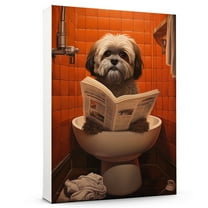Shih Tzu Dog Canvas Wall Art for Bedroom Living Room Home Decor,Funny Dog Canvas Sitting on The Toilet Animal Pattern Office Artworks, modern wall decor, Ready to Hang