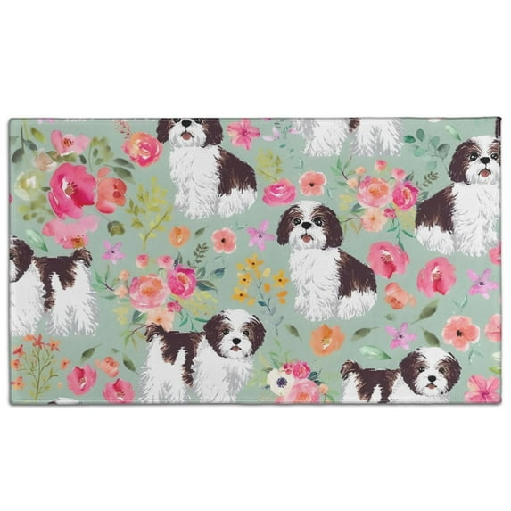 Shih Tzu Dog and Flower Floral Door Rugs,Washable Non Slip Door Mats Indoor,Decorative Door Mats,Entry Mat Indoor for Entrance,Bedroom,Kitchen,Bathroom,17"x30"