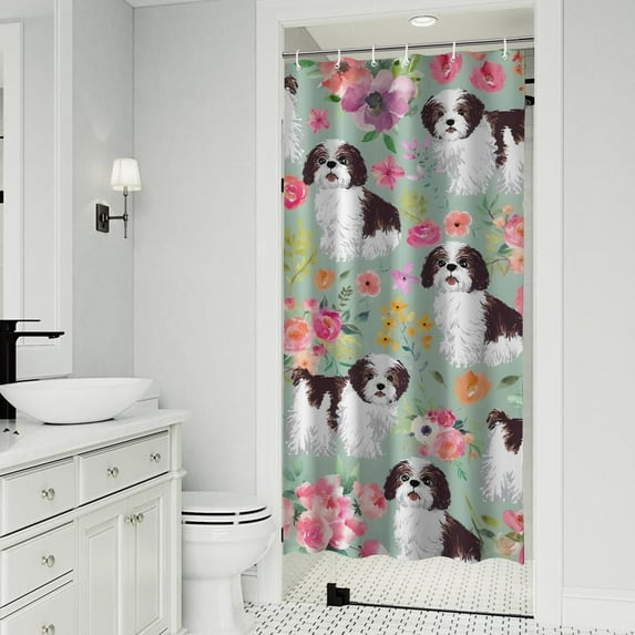 Shih Tzu Dog and Flower Floral Shower Curtain 36"x72" ,Bathroom Decorative Shower Curtains Set with 12 Hooks,Modern Waterproof Washable Shower Curtain