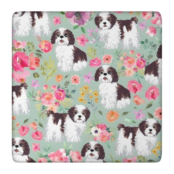 Shih Tzu Dog and Flower Floral Square Fitted Tablecloth with Elastic Edge,Square Table Cover,Washable Elastic Table Cover for Home Kitchen Party Decor 36"x36"