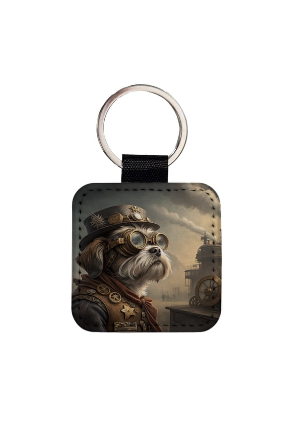Shih Tzu Dog Steampunk Faux Leather Square Keychain