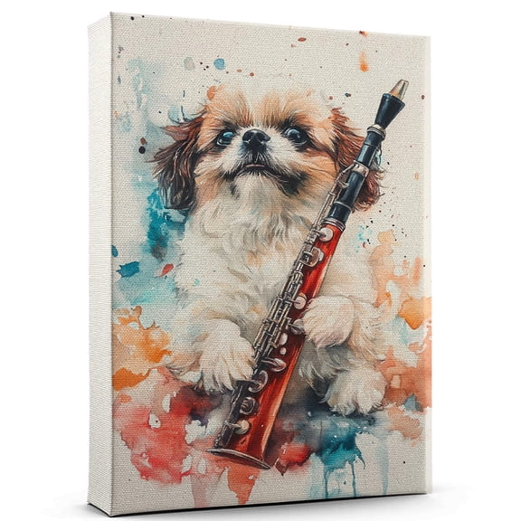 Shih Tzu Dog Stretched Canvas Size 8x12 – Clarinet Canvas Print of Funny Shih Tzu Dog Wall Art, Clarinet Music Wall Decor, Home Decor, Dog Lover