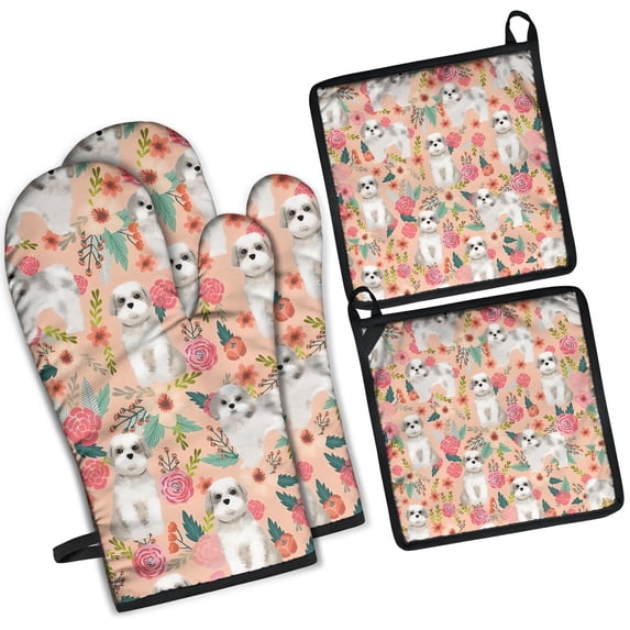 Shih Tzu Dog and Floral Kitchen Oven Mitt and Pot Holder Sets 4 Pcs for Baking, Cooking and Grilling, Heat Resistant Up To 392 °F