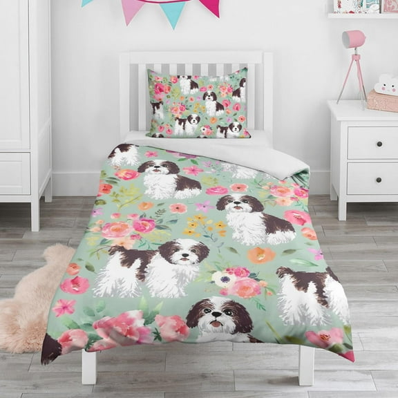 Shih Tzu Dog and Flower Floral Duvet Cover and Pillowcase Set for Single Bedding, Bedroom Accessories for Kids Teens