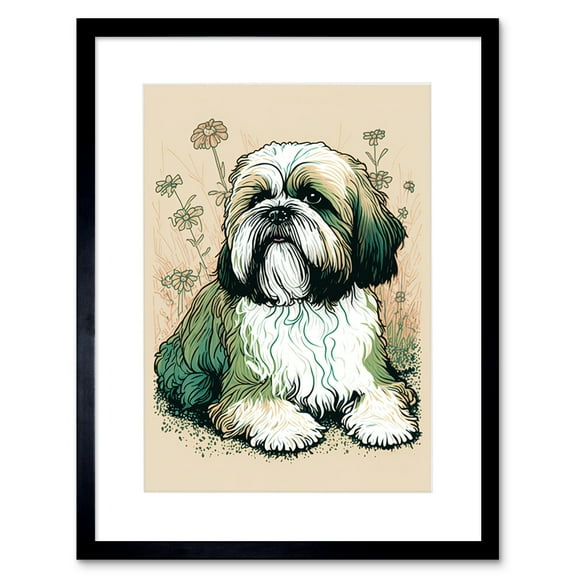 Shih Tzu Dog with Daisies Modern Multicoloured Linocut Illustration Artwork Framed Wall Art Print 9X7 Inch