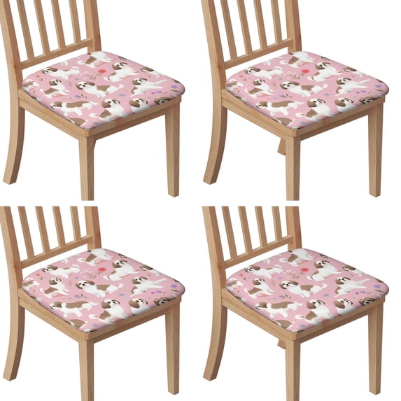 Shih Tzu Dogs and Flowers Seat Covers for Dining Room Chairs Set Of 4,Stretch Printed Washable Chair Seat Cover with Elastic Ties and Button,Removable Waterproof Couch Cushion Covers