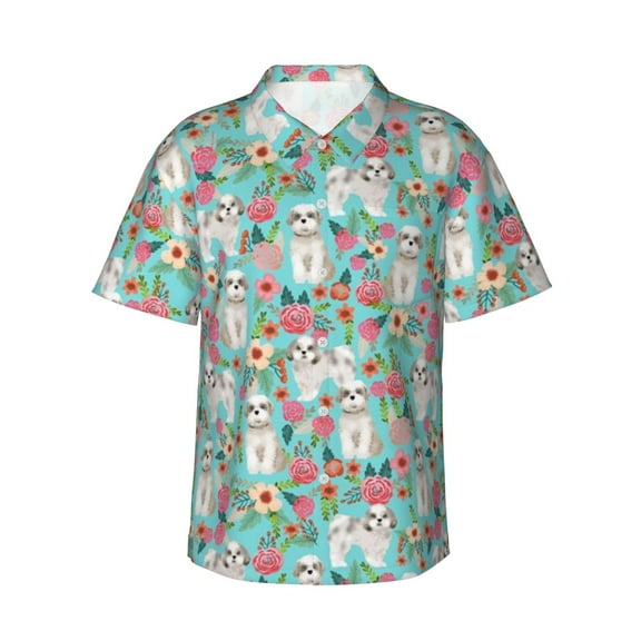 Shih Tzu Dogs Lovers Flower Floral Men'S 3d Print Casual Button Down Shirts, Novelty Hawaiian Short Sleeves 3xl