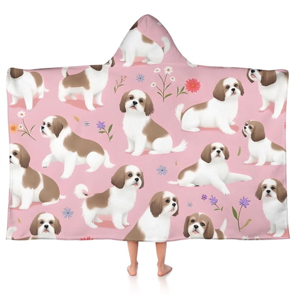 Shih Tzu Dogs and Pioneer Flower Hooded Bath Towel,50"x30" for Ages 3 To 12 Kids, Quick Dry Lightweight Soft Microfiber Hood Beach Towel Cover Up for Kids