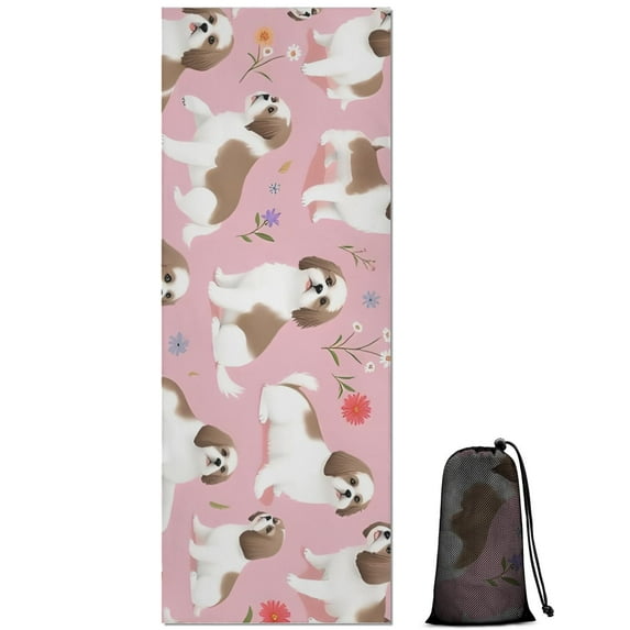 Shih Tzu Dogs and Pioneer Flower Hot Yoga Mat Towel Non Slip for Hot Yoga - Quick-Drying Yoga Mat Cover with 4 Corner Pockets with Travel Bag - Hot Yoga Towel Non Slip 70"x26"