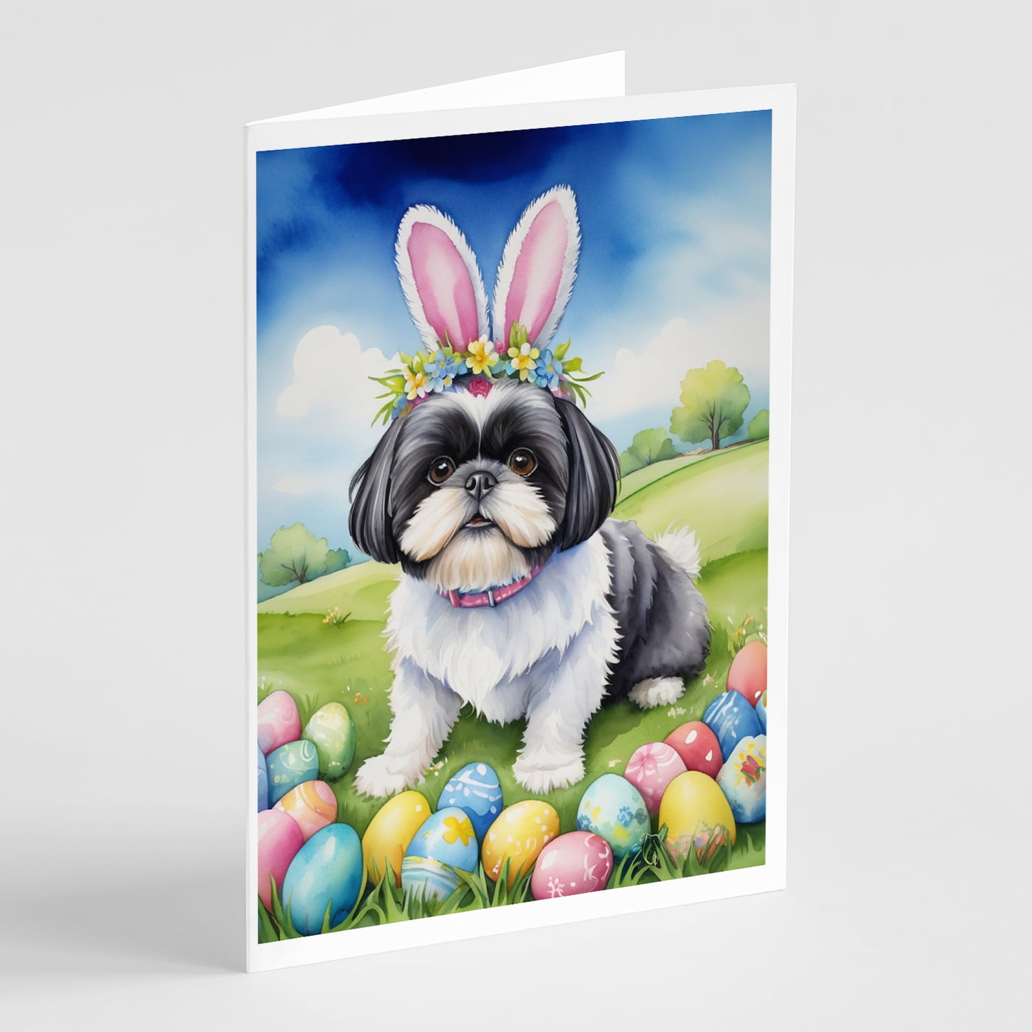 Shih Tzu Easter Egg Hunt Greeting Cards Pack of 8 7 in x 5 in