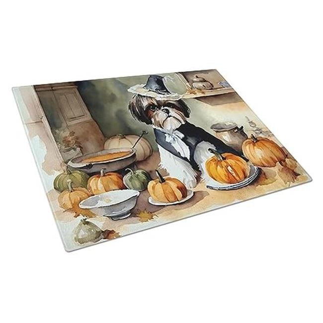 Shih Tzu Fall Kitchen Pumpkins Glass Cutting Board Large 12 in x 15 in