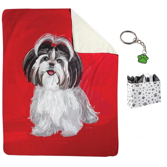Shih Tzu Fleece Throw Blanket 50" x 60" (Moo), Paw Keychain, and Paw Bag Bundle Set