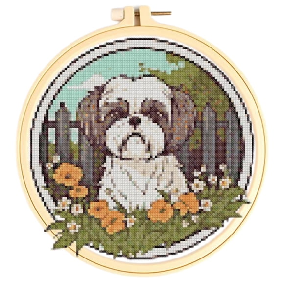 Shih Tzu & Flowers Cross Stitch Kits for Starter Kits DIY 11CT Pre-printed Patterns Needlepoint Embroidery Cross Stitching Needlework Kit Set Supplies with Hoop 38x38cm (19)