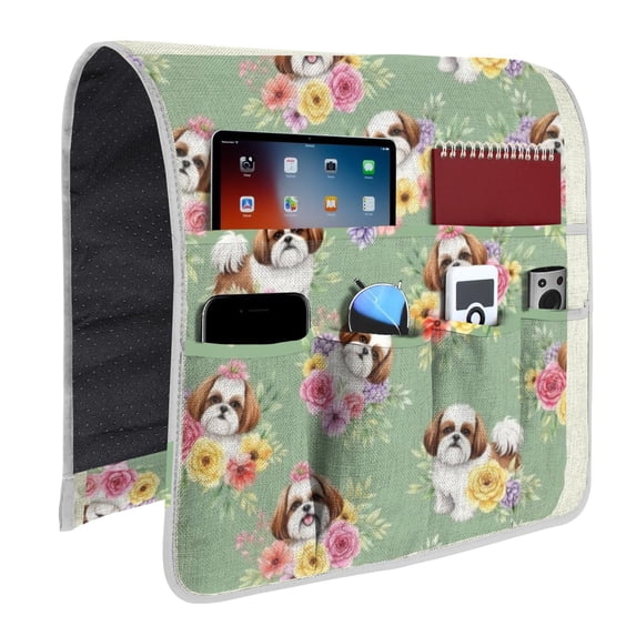 Shih Tzu and Flowers Green Pattern Armrest Organizer, Couch Pocket ...