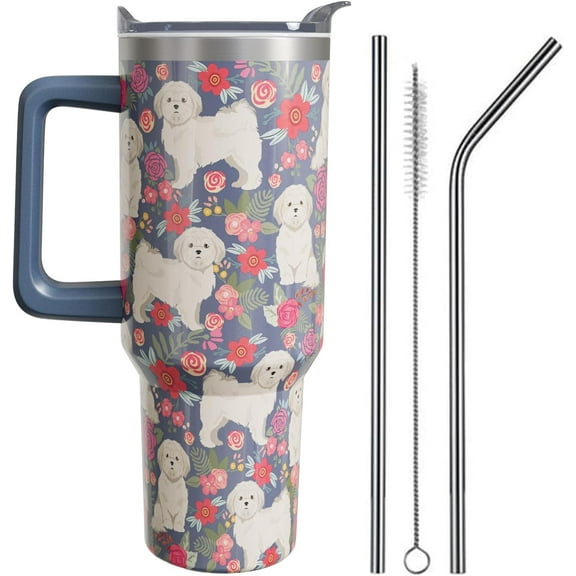 Shih Tzu Gifts for Women Dog Lovers 40 oz Floral Shih Tzu Tumblers with Handle and Straw, Stainless Steel Vacuum Insulated Travel Coffee Mug Cup Water Bottle