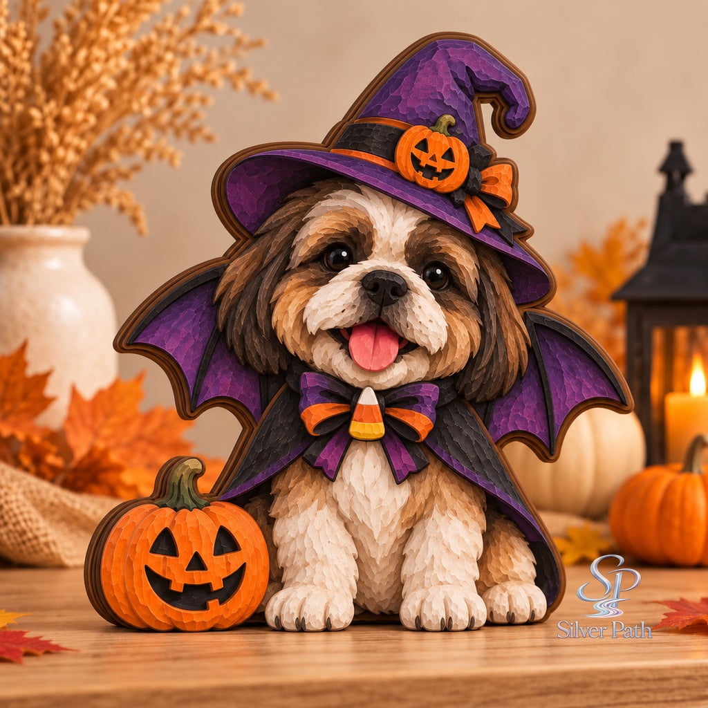Shih Tzu Halloween Wooden Block 3 Layer, Witch Costume Dog Decor ...