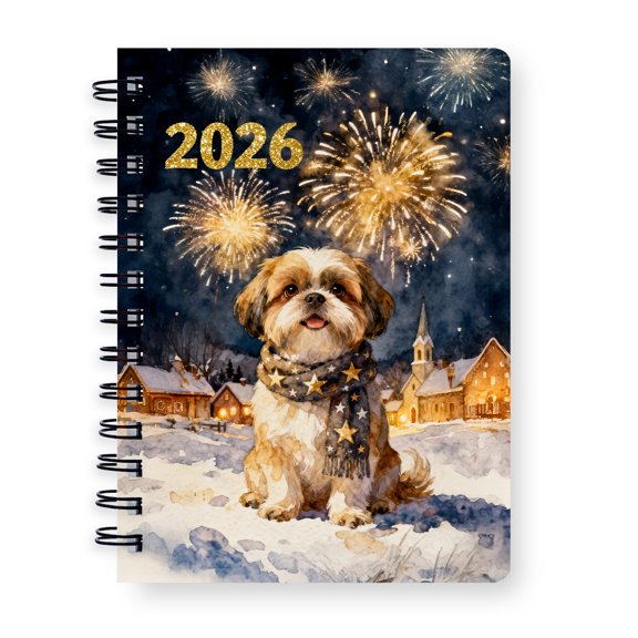 Shih Tzu Happy New Year 2026 with Fireworks on New Year's Eve Spiral Bound Journal Lion Dog Lover Gifts 5x7in Spiral Notebook - 12022