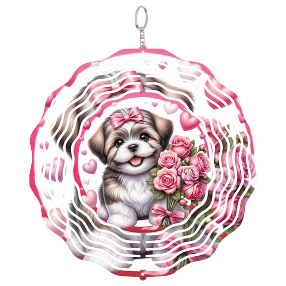 Shih Tzu Happy Valentine Dog 3D Wind Spinner Kinetic Metal Hanging Small Dog Gift Round