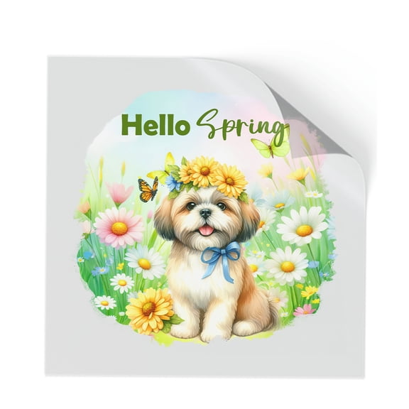 Shih Tzu Hello Spring Time Flower Floral Nature Cutout Transfer Sticker Lion Dog Lover Gifts Transparent Decal Art Decor - 02031